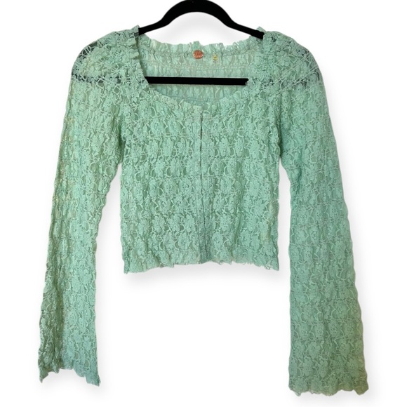 โขSOLDโขโข Free People One Madison Floral Lace Top Sz M Pastel Sage Green - Picture 4 of 10
